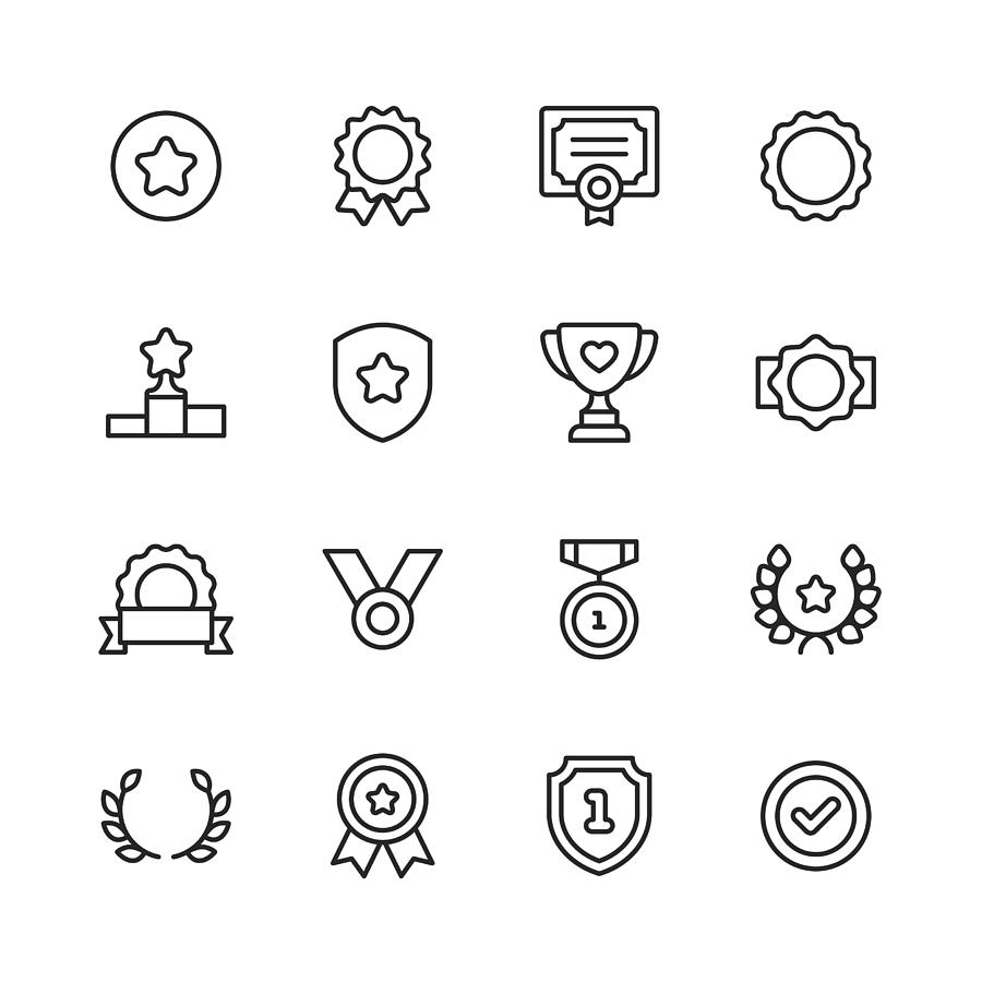 Awards and Achievement Line Icons. Editable Stroke. Pixel Perfect. For Mobile and Web. Contains such icons as Award, Medal, Gold, Achievement, Success, Podium, Winning. Drawing by Rambo182