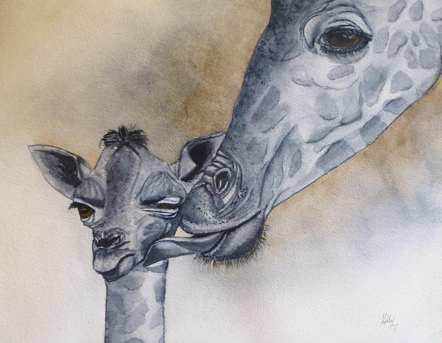 Baby Giraffe and Mama Painting by Kelly Mills