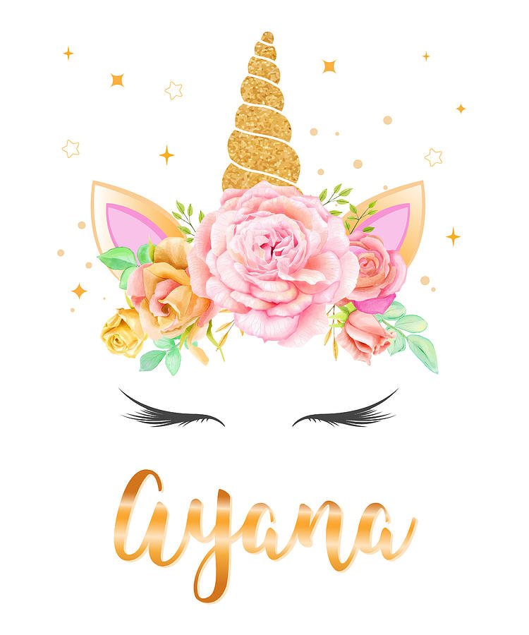 Ayana Name Unicorn Horn with flower wreath and Gold Glitter, Unicorn