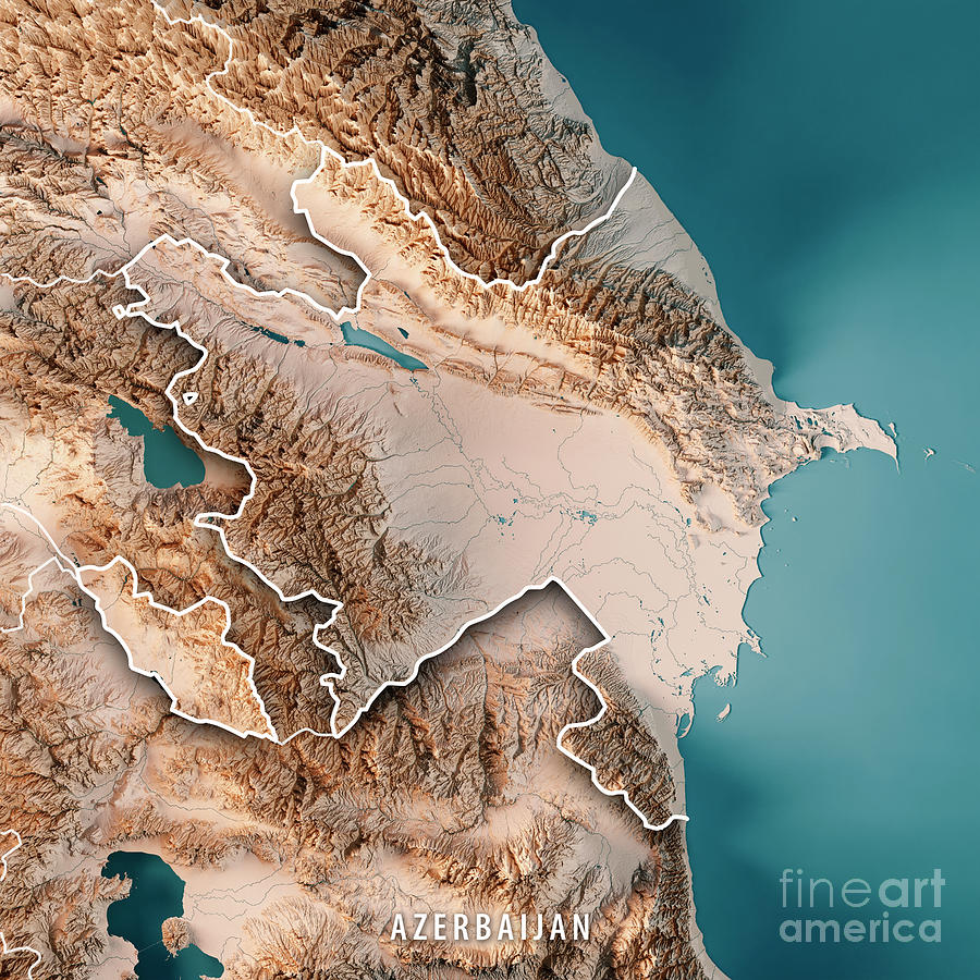 Map Digital Art - Azerbaijan 3D Render Topographic Map Neutral Border by Frank Ramspott