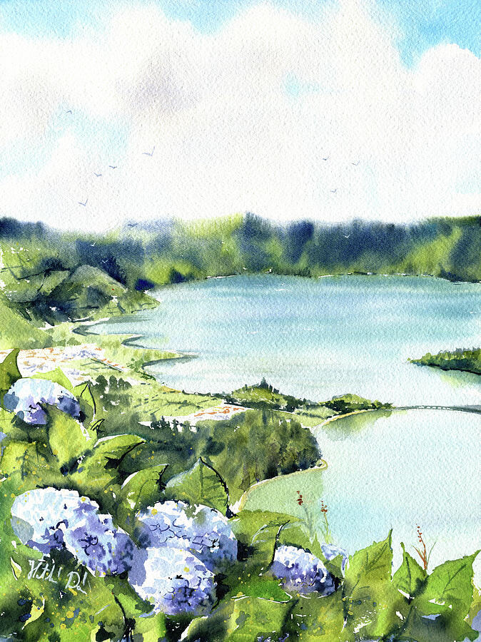 Azores Lagoa Verde E Azul in Sete Cidades Portugal Painting Painting by Dora Hathazi Mendes