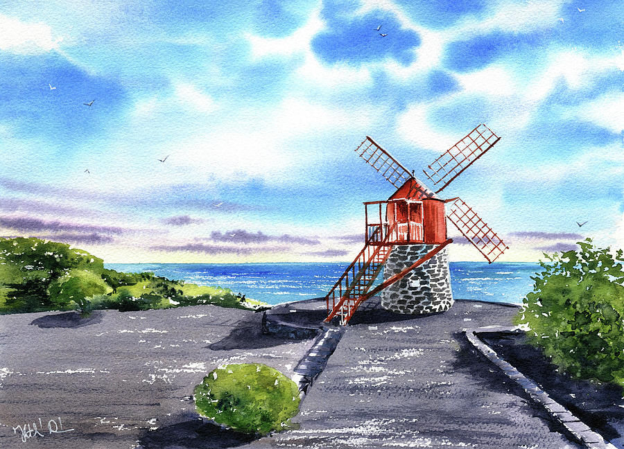 Azores Pico Island Windmill Painting by Dora Hathazi Mendes