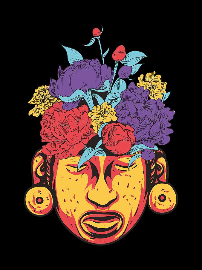 Flower Digital Art - Aztec Statue Head colorful Flower Bouquet by Matthias Hauser