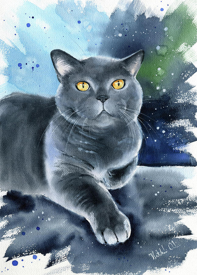 Azul British Shorthair Cat Painting Painting by Dora Hathazi Mendes
