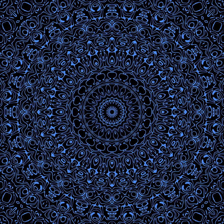 Azure Blue on Black Mandala Kaleidoscope Medallion Flower Digital Art by Mercury McCutcheon
