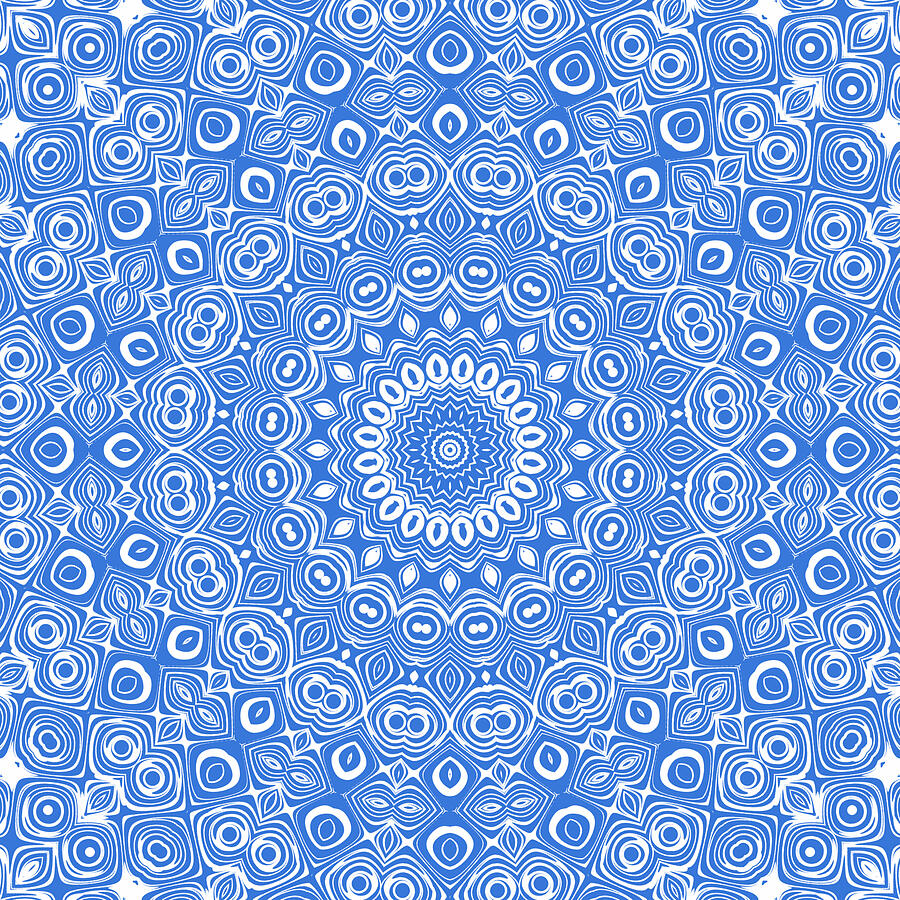 Azure Blue on White Mandala Kaleidoscope Medallion Digital Art by Mercury McCutcheon