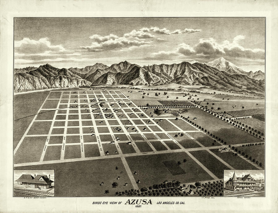 Azusa California Historical Map 1887 Drawing by Joseph S Giacalone
