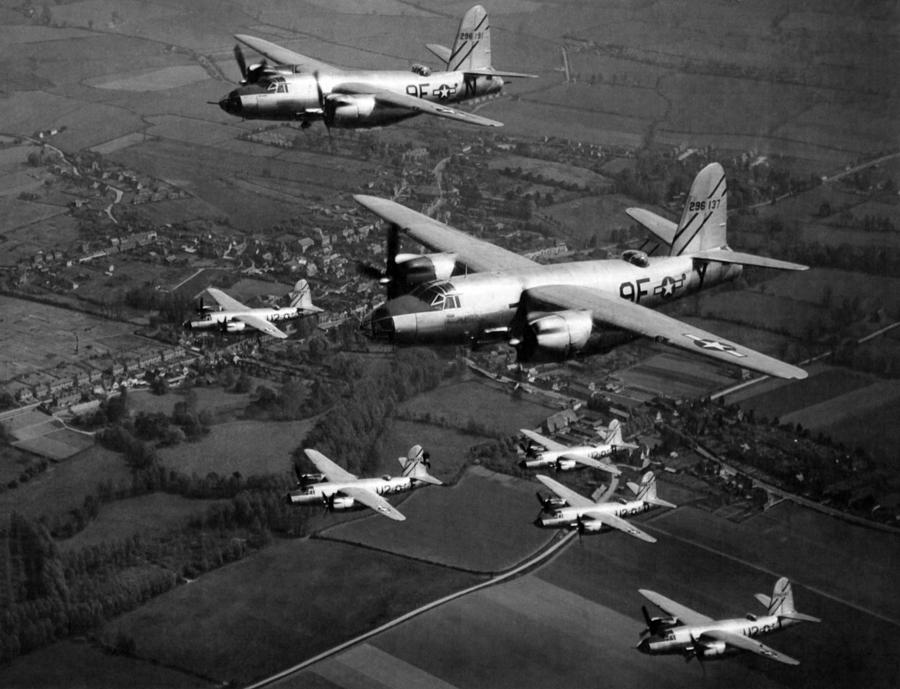 Airplane Photograph - B-26B Marauder Bombers Flying In Formation - WW2 England  by War Is Hell Store