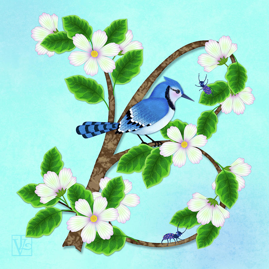 B is for Blossoming Branch and Bird Digital Art by Valerie Drake Lesiak