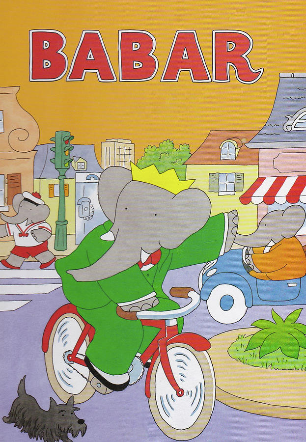 Vintage Drawing - Babar rides a bike by The Gallery