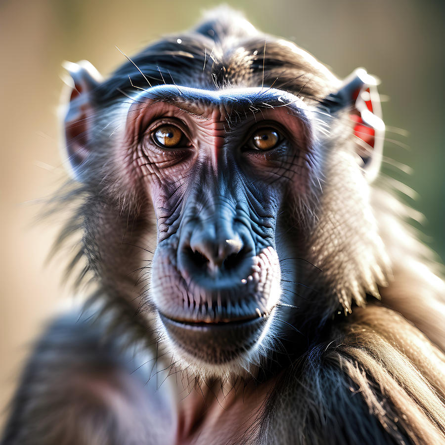 Baboon portrait close-up.  Digital Art by Ray Shrewsberry