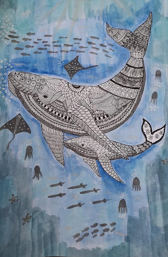 Baby and Momma Humpback whale Mixed Media by Kiruthika S