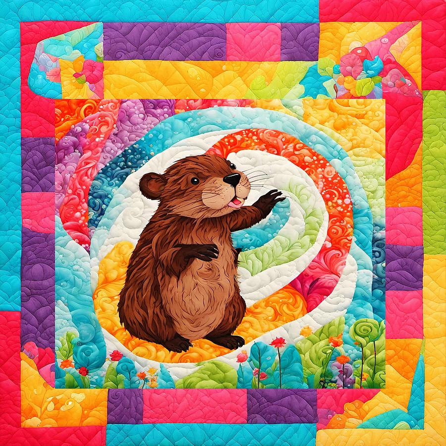 Baby Beaver Quilt Block Illustration Digital Art by Spiced Art Studio