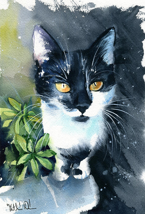Cat Painting - Baby Belle Adventures - Tuxedo Cat Painting by Dora Hathazi Mendes