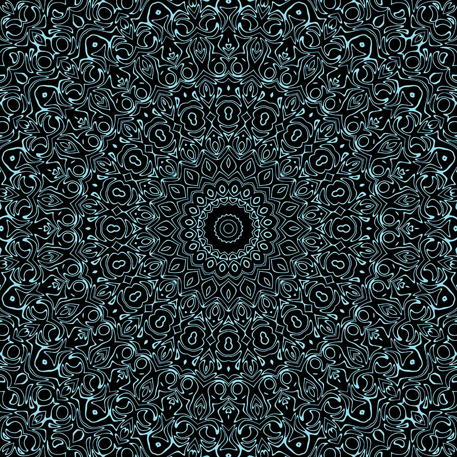Abstract Digital Art - Baby Blue and Black Mandala Kaleidoscope Medallion Flower by Mercury McCutcheon