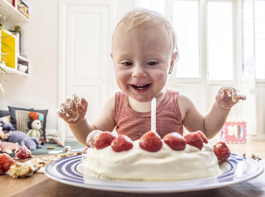 Baby boy with his first birthday cake Photograph by David Trood