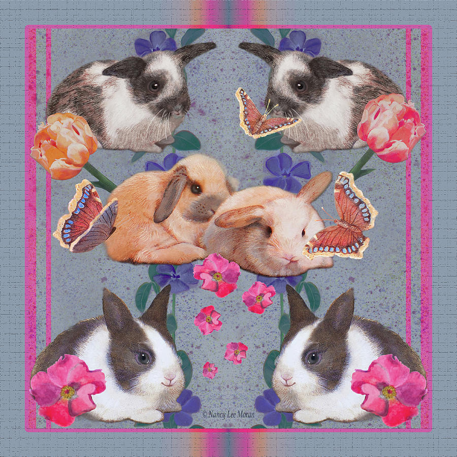 Baby Bunnies with Butterflies, Bright Flowers, and Magenta Stripes Mixed Media by Nancy Lee Moran