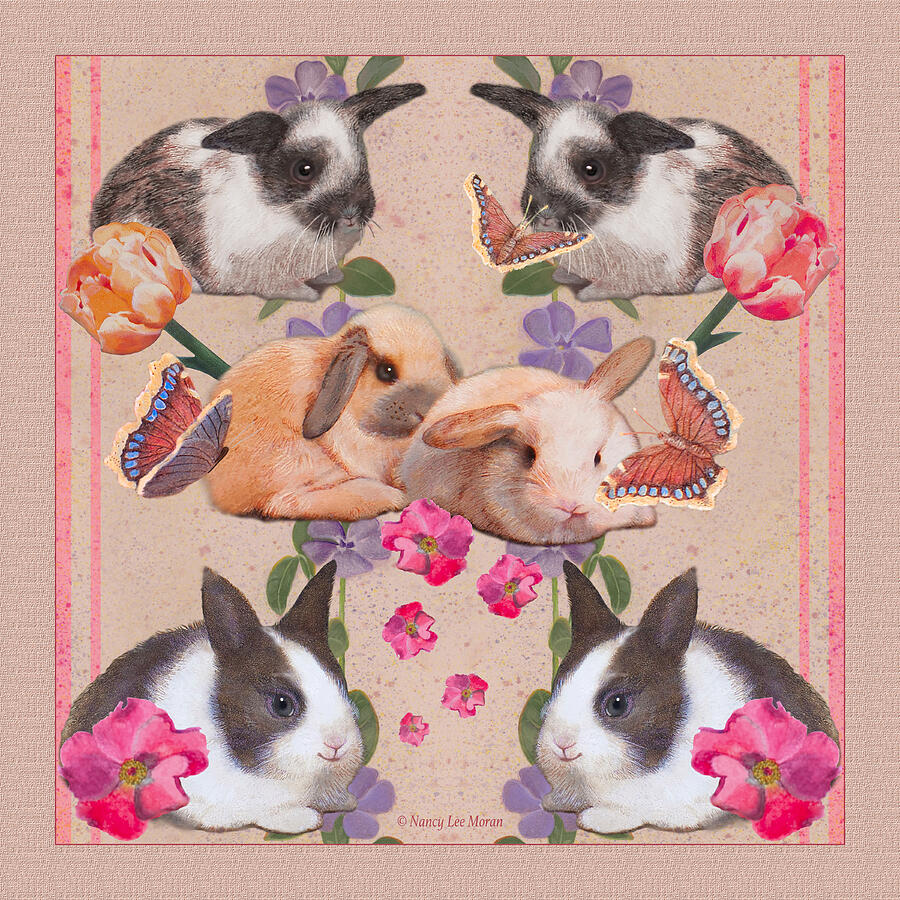 Baby Bunnies with Butterflies, Bright Flowers, and Peach Stripes Mixed Media by Nancy Lee Moran
