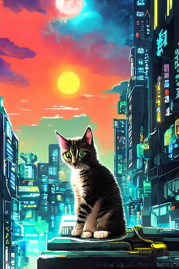 Baby cat in cyberpunk city Painting by Rajesh Beck - Fine Art America