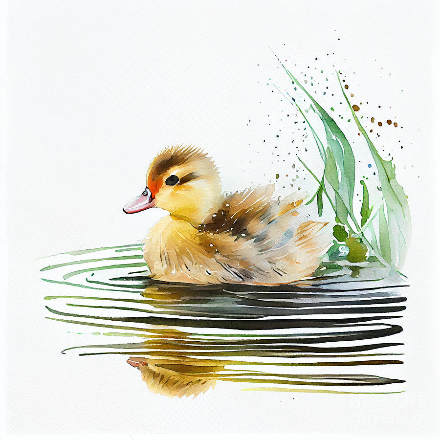 Baby Duck swimming in a pond k watercolor by Asar Studios Digital Art ...