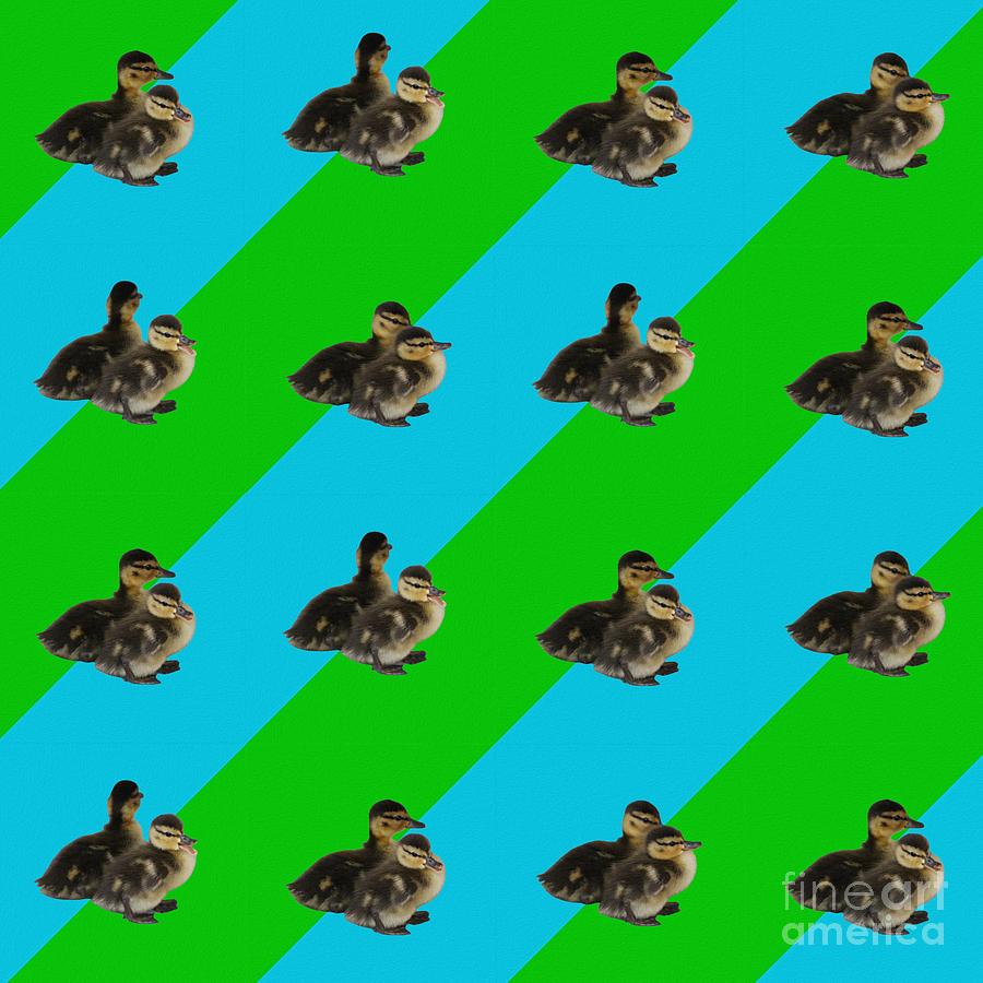 Baby Ducks on Grass Green and Sky Blue Pattern Photograph by Colleen Cornelius