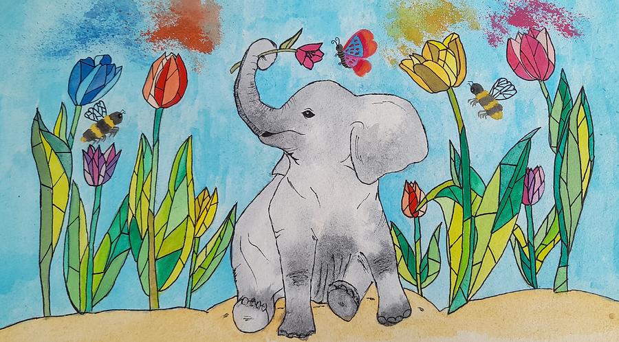 Baby Elephant in Tulip field  Mixed Media by Kiruthika S