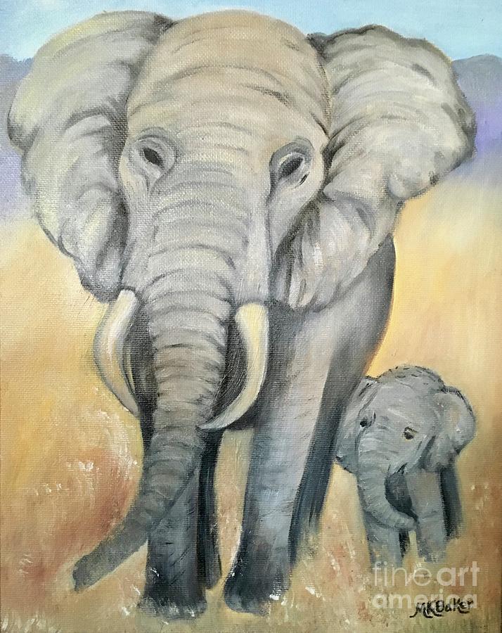 Elephant Painting - Baby elephant nudges mama elephant by Melin Baker
