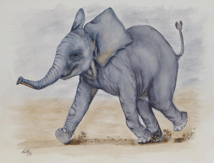 Baby Elephant Run Painting by Kelly Mills