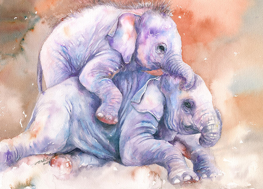 Baby Elephants Frolicking Painting by Arti Chauhan