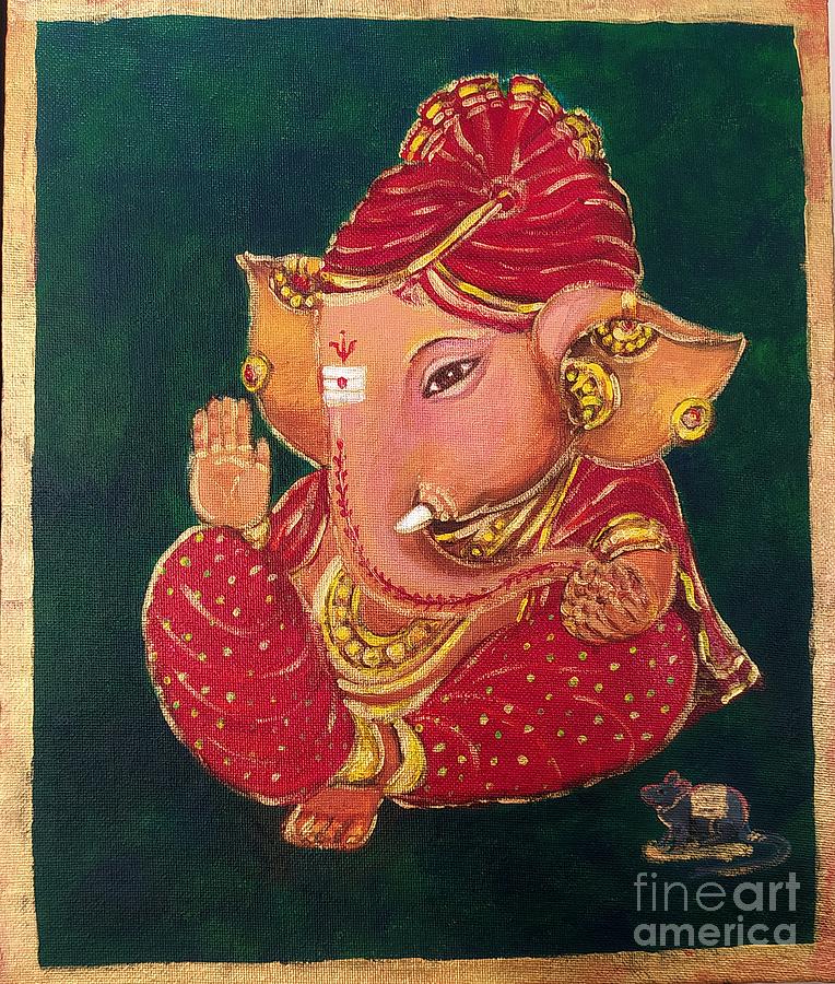 Baby Ganesh in red turban Painting by Asha Sudhaker Shenoy