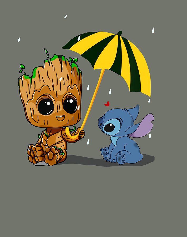 Baby Groot Hold An Umbrella And Stitch Cute Funny Meme Drama Sitcom ...