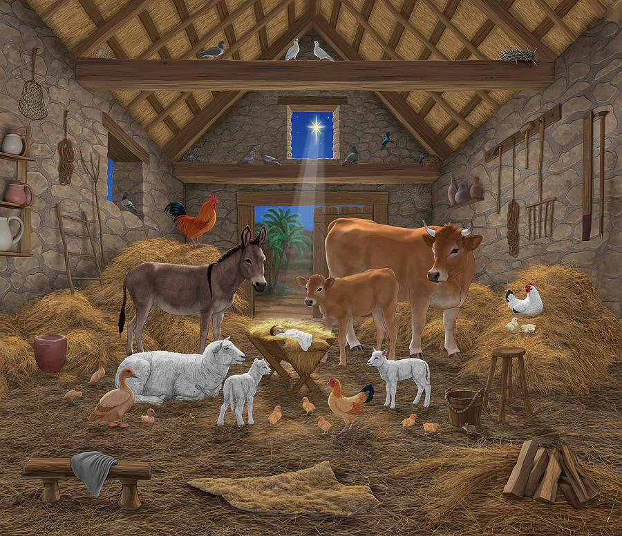 Farm Animals Painting - Baby Jesus Divine Manger Holy Night Christmas Nativity Scene Barnyard Farm Animals by Crista Forest