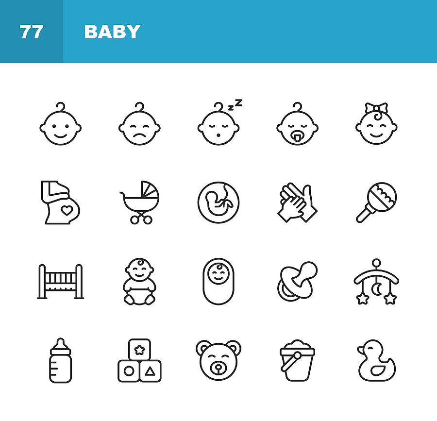 Baby Line Icons. Editable Stroke. Pixel Perfect. For Mobile and Web. Contains such icons as Baby, Stroller, Pregnancy, Milk, Childbirth, Teat, Parenting, Duck Toy, Bed. Drawing by Rambo182