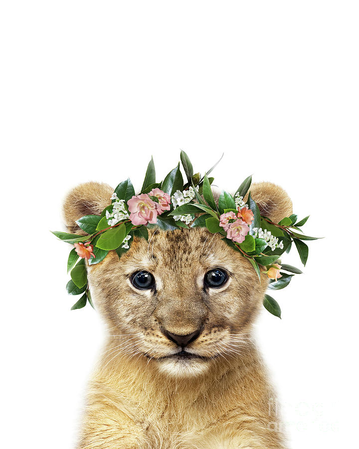 Baby Lion With Flower Crown, Baby Animals Art Print by Synplus Digital Art  by Synplus Art - Fine Art America