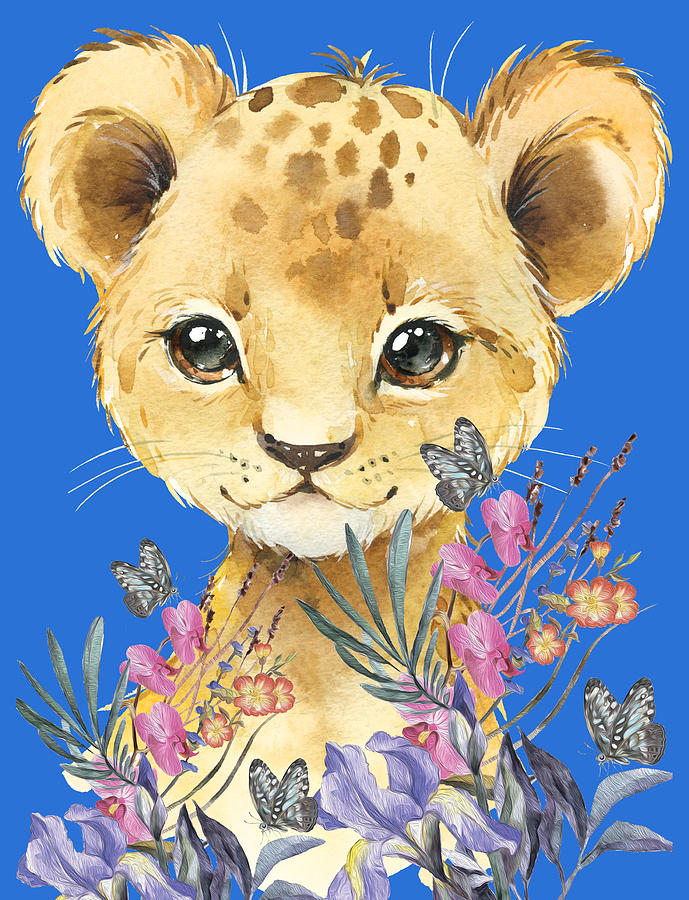 Baby Lion With Flowers Mixed Media by Johanna Hurmerinta