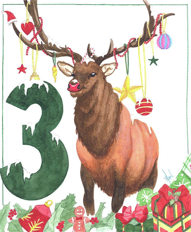 Deer Painting - Baby milestone card third-month deer in the Winter Number 3 by Homana Nikooei