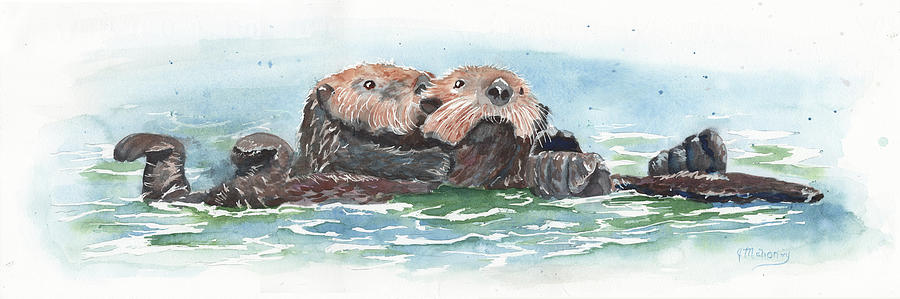 Baby Otter and Ma Painting by Jeanette Mahoney