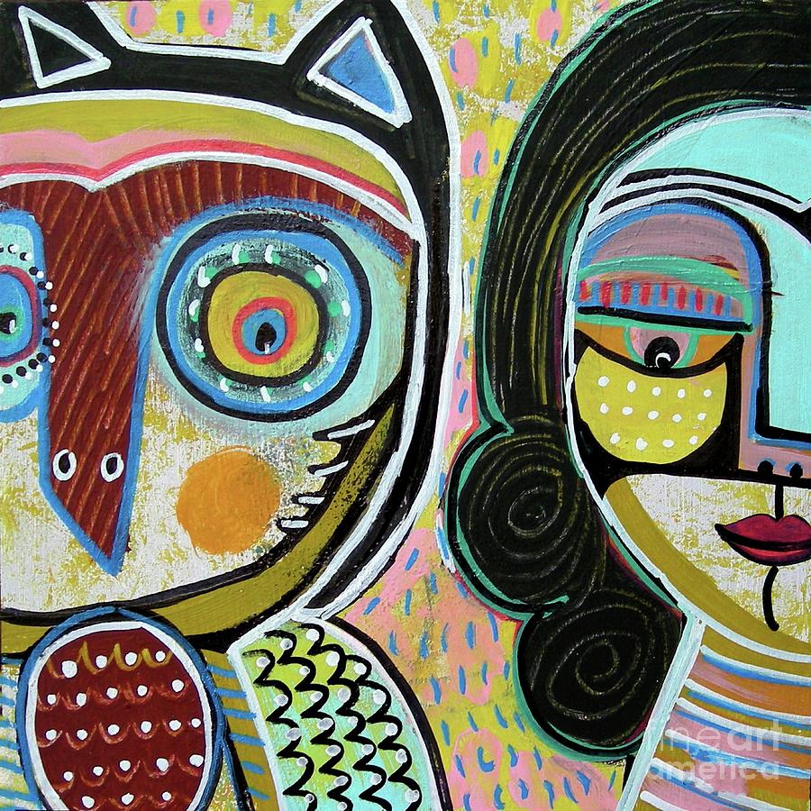 Best Friend Owl And Curly Black Haired Girl Painting by Sandra Silberzweig