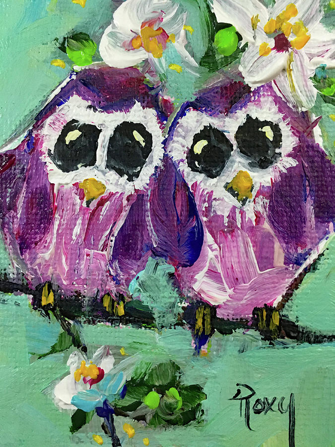 Baby Owls on a Branch Painting by Roxy Rich