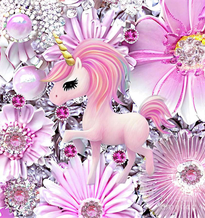 Baby Pink Unicorn Fancy Flowers Digital Art by Debra Miller