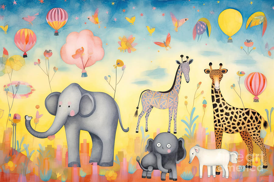Nature Painting - Baby Safari Animals Scene by N Akkash