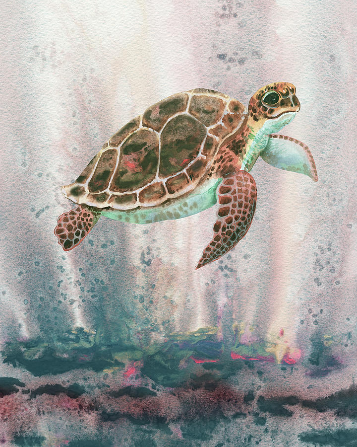 Baby Sea Turtle Swimming With The Stream Watercolor Beach Life Art  Painting by Irina Sztukowski