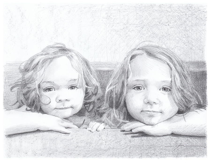 Baby Sisters Bathtub Drawing Drawing by Mike Theuer