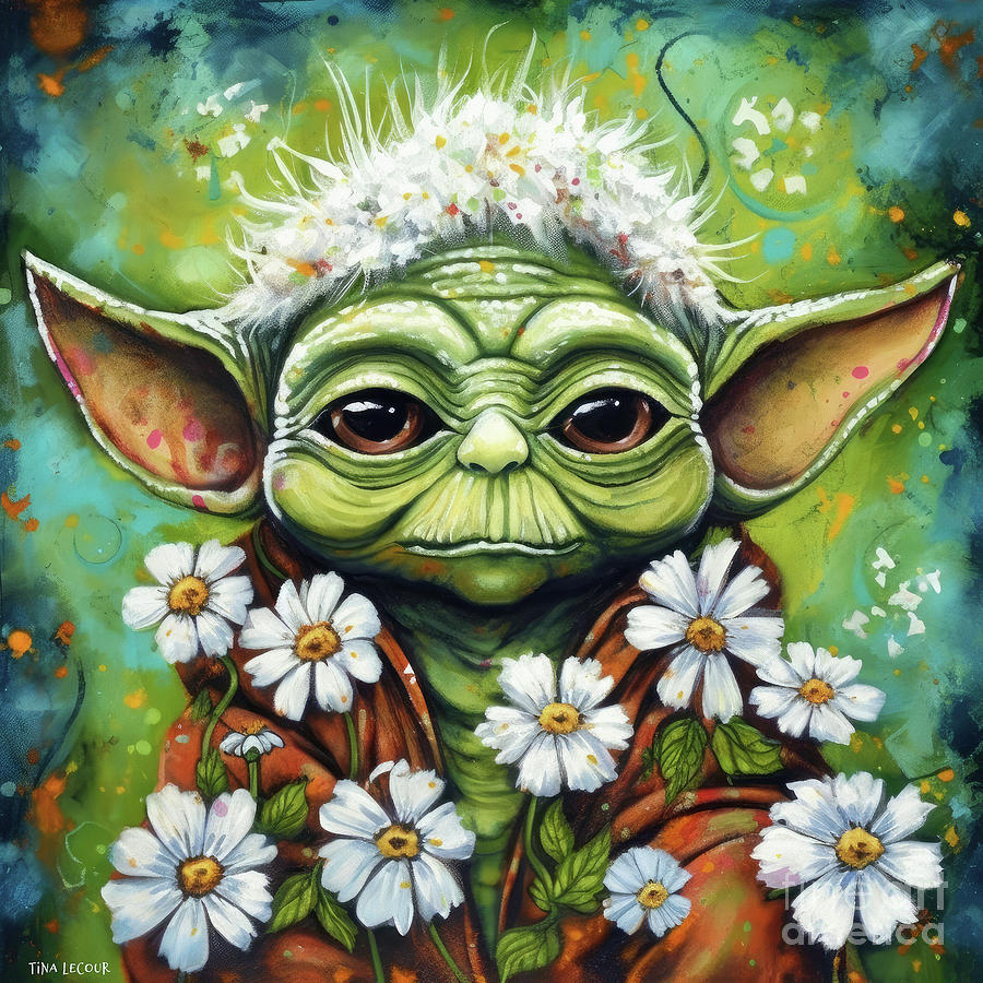 Baby Yoda Flower Power Painting by Tina LeCour