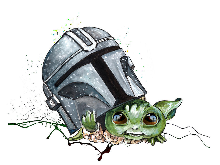 Baby Yoda Helmet Peeking Painting by Miki De Goodaboom