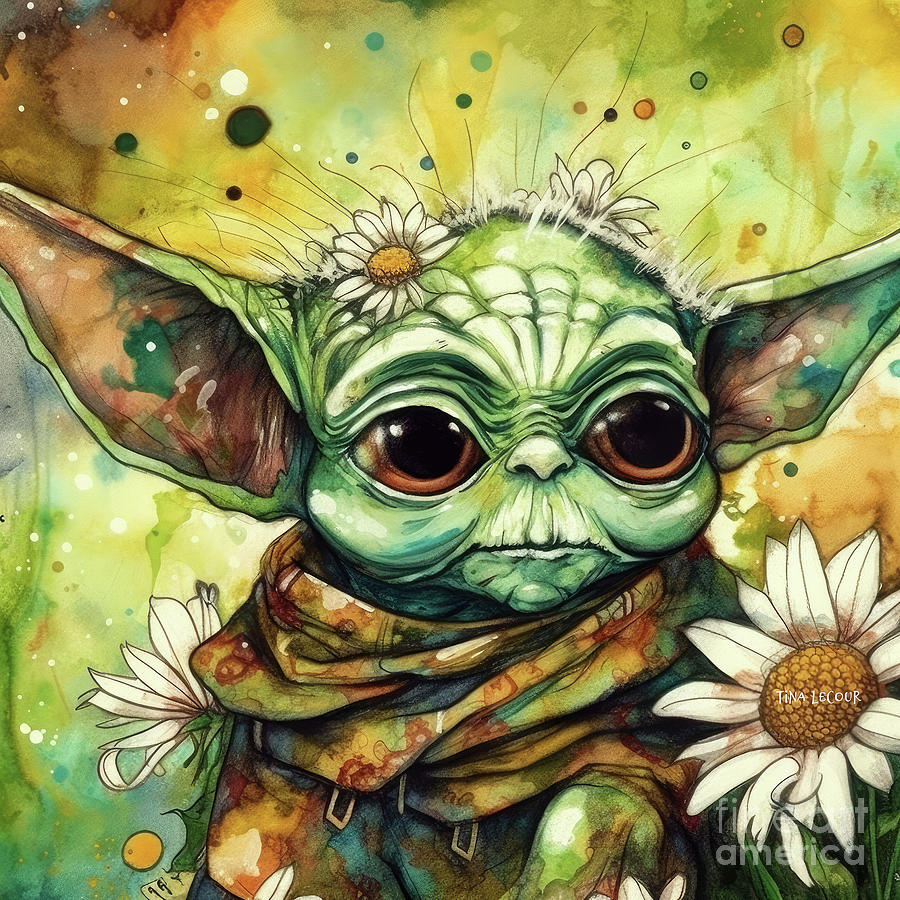 Baby Yoda In The Daisies Painting by Tina LeCour