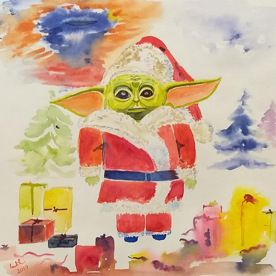 Christmas Painting - Baby Yoda or Santa Clause , December Gift  by Geeta Yerra