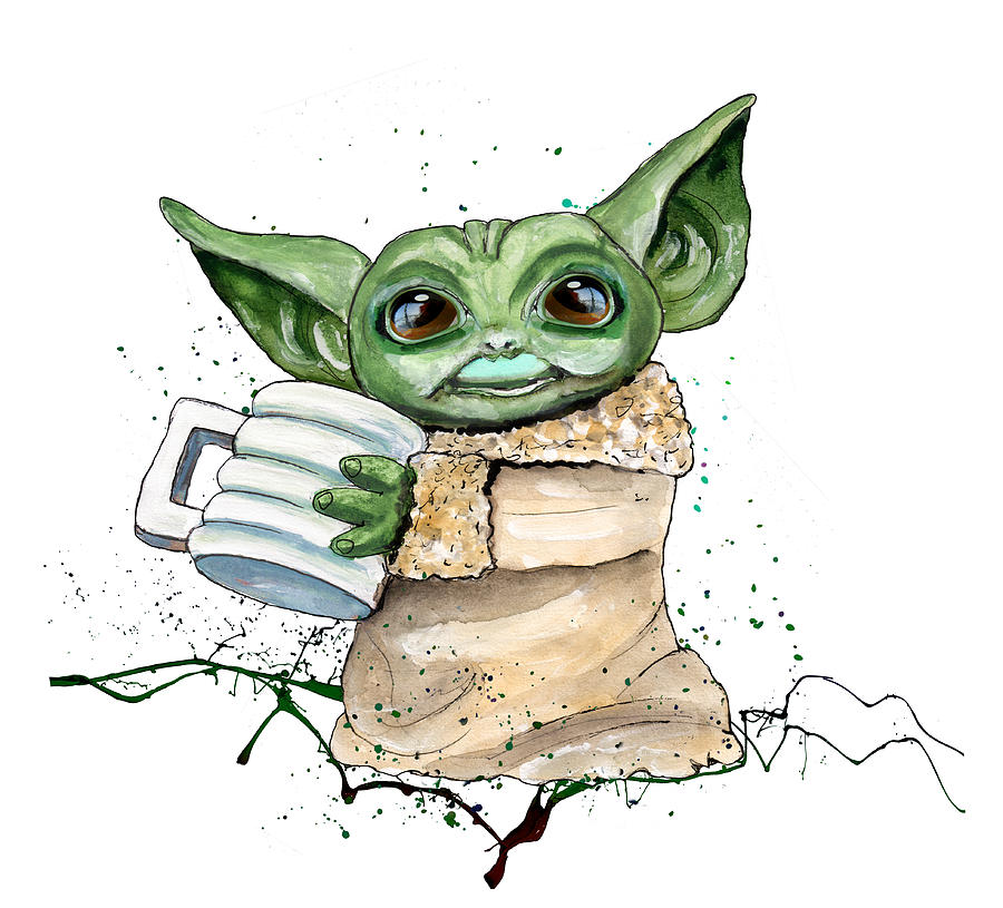 Baby Yoda With Mug Painting by Miki De Goodaboom