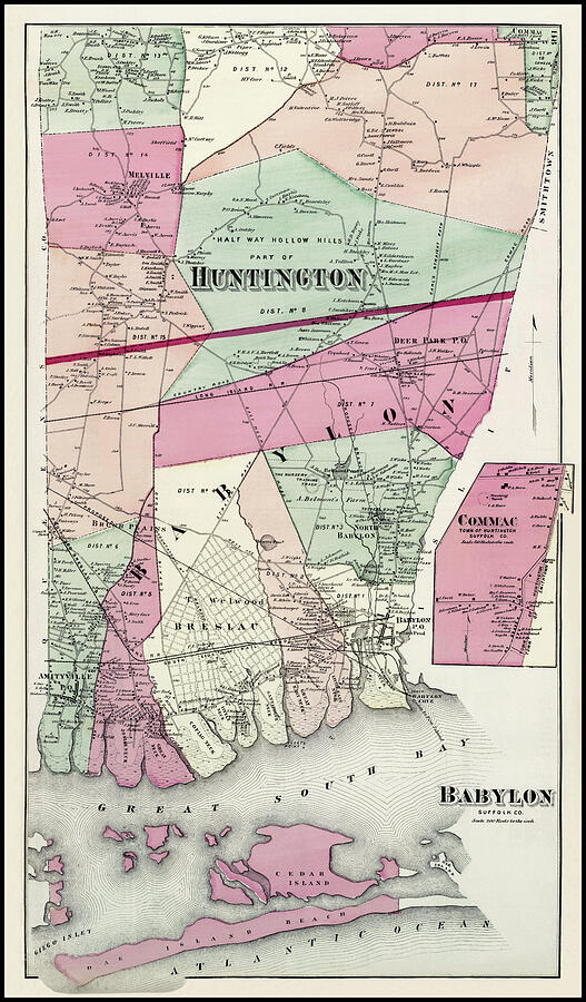 Babylon and Huntington Long Island New York Vintage Map 1873 Photograph ...