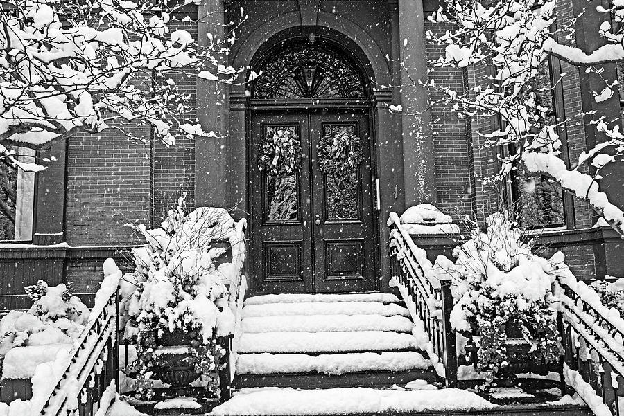 Back Bay Boston MA Brownstone Winter Snow and Christmas Decorations Black and White Photograph by Toby McGuire